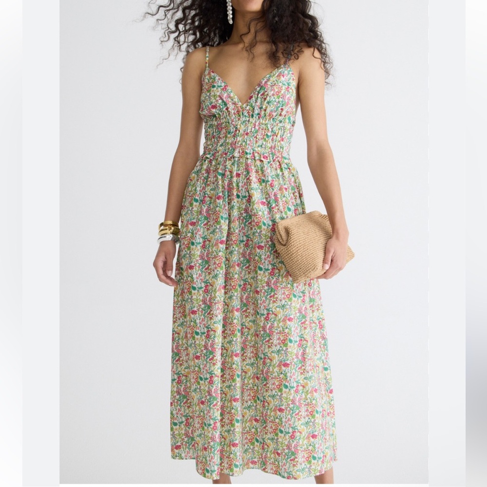 J Crew Liberty Fabric Floral Smocked Ruffle Waist Cotton Dress Women's Size 8